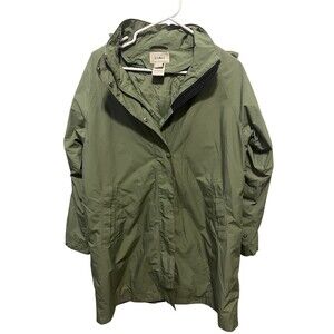 L.L.Bean Rain Jacket Womens Petite M Olive Green Hooded Long Coat Pockets